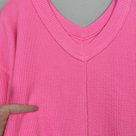 Aerie Women's Large Wonder Textured V-neck Sweatshirt Neon Bright Pink Relaxed - Picture 13 of 16